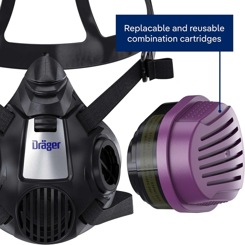 Drager قناع التنفس X-plore 3500 متعدد الغازات/كارتريدج مدمج P100 (OV/AG/HF/FM/CD/AM/MA/HS/P100) معتمد من NIOSH نصف قناع للرسم والمواد الكيميائية والبناء - Image 5